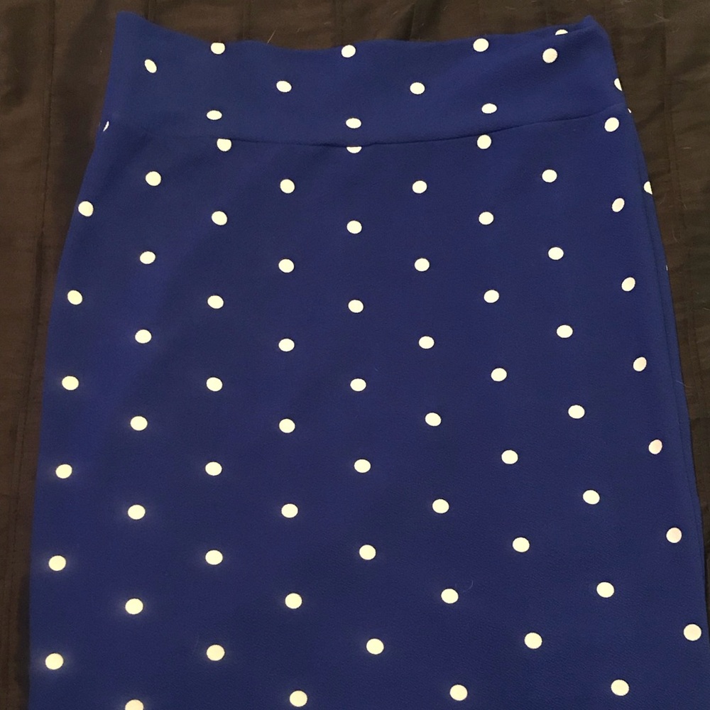 Blue and white polka dot pencil skirt